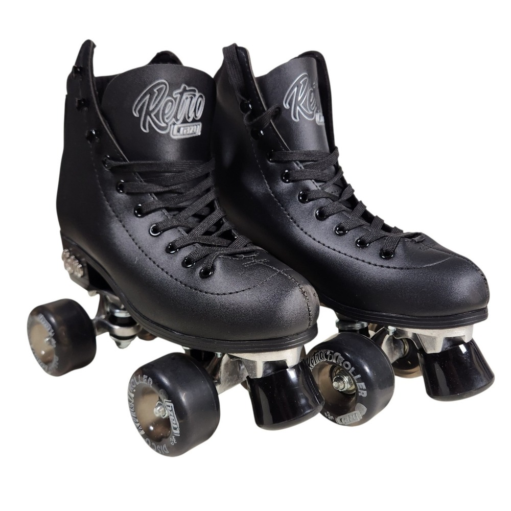 Crazy Retro Roller Skates Black Disco Quad Mens 6 Womens 7 w Pads Set
